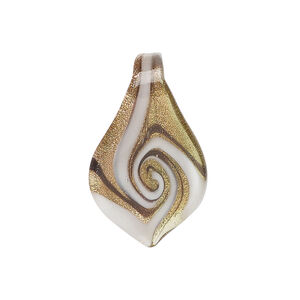 Drop, lampworked glass 1pkg1, opaque and translucent white and dark brown with copper-colored glitter, 27x16mm-29x17mm spoon with swirl design.