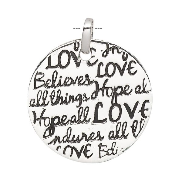 Pendant, sterling silver and enamel, black, 30mm round with "LOVE Believes all things" and "Hope Endures all things." Sold individually. image number 0