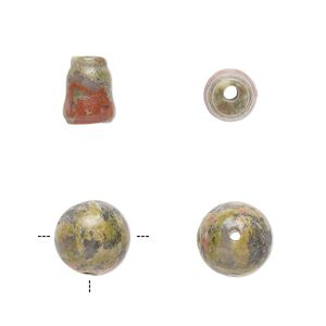 Unakite 2pkg2, T-drilled round / cone bead natural 10mm / 9x7mm