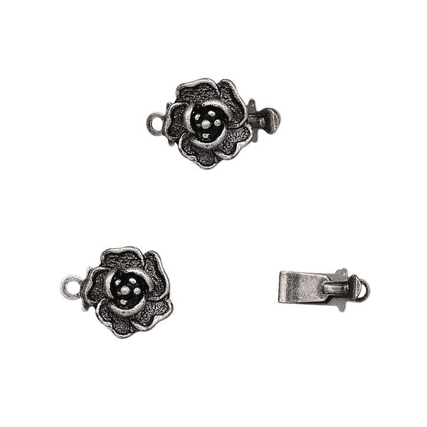 Clasp, tab, antique silver-plated brass, 9mm rose. Sold per pkg of 10. image number 0
