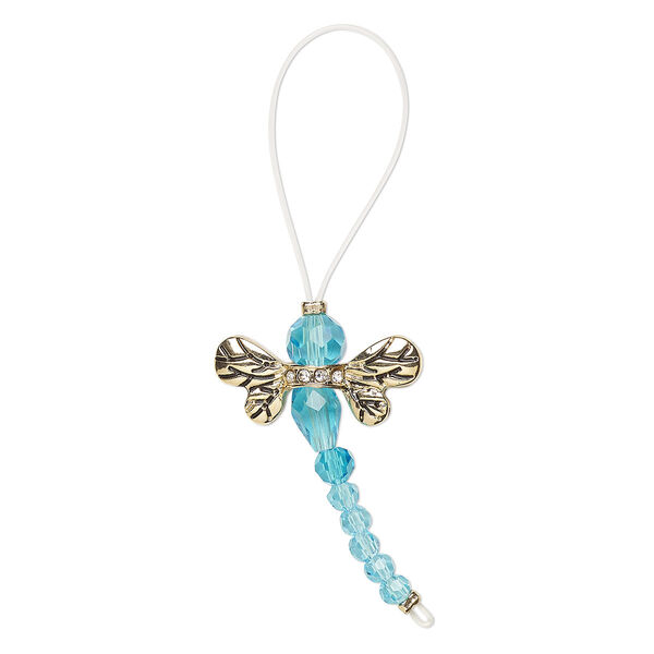 Bead, glass / glass rhinestone / antique gold-finished "pewter" (zinc-based alloy), transparent clear and aqua blue, 32x22mm dragonfly. Sold per pkg of 2. image number 0