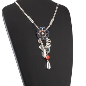 Necklace, 2-strand, "pewter" (zinc-based alloy) / enamel / brass / glass rhinestone, multicolored, 40mm flat round with dangles, 16 inch snake chain with lobster claw clasp and 2-1/2 inch extender chain. Sold individually.