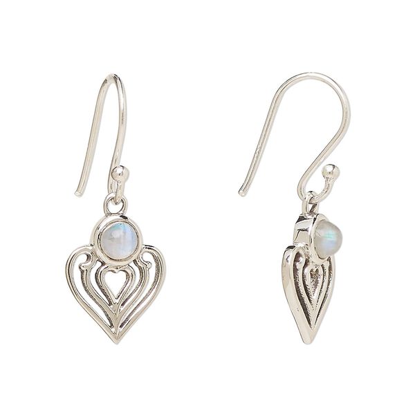 Earring, Create Compliments®, antiqued sterling silver and rainbow moonstone (natural), fishhook, 28.5mm with 15x9mm single-sided heart, 21 gauge. Sold per pair. image number 0