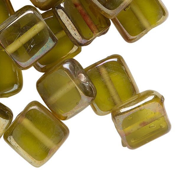 Bead, lampworked glass, translucent golden yellow luster, 13mm puffed square. Sold per 2-ounce pkg, approximately 25 beads. image number 0