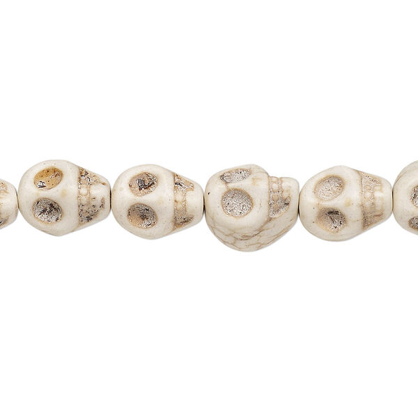 Bead, "howlite" (resin) (imitation), white, 10x8mm skull. Sold per 15-inch strand. image number 0