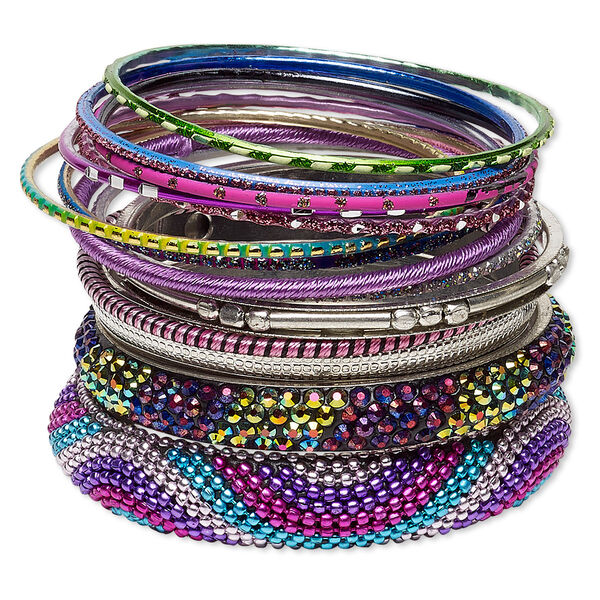 Bracelet, bangle, glass rhinestone / resin / polyester / silver-plated aluminum / brass / steel, assorted colors with glitter, 2.5-17mm wide, 8 inches. Sold per 14-piece set. image number 0