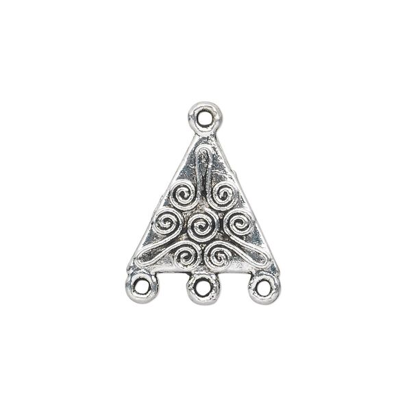 Drop, antique silver-plated "pewter" (zinc-based alloy), 17x17x15mm double-sided triangle with spiral design and 3 loops. Sold per pkg of 20. image number 0