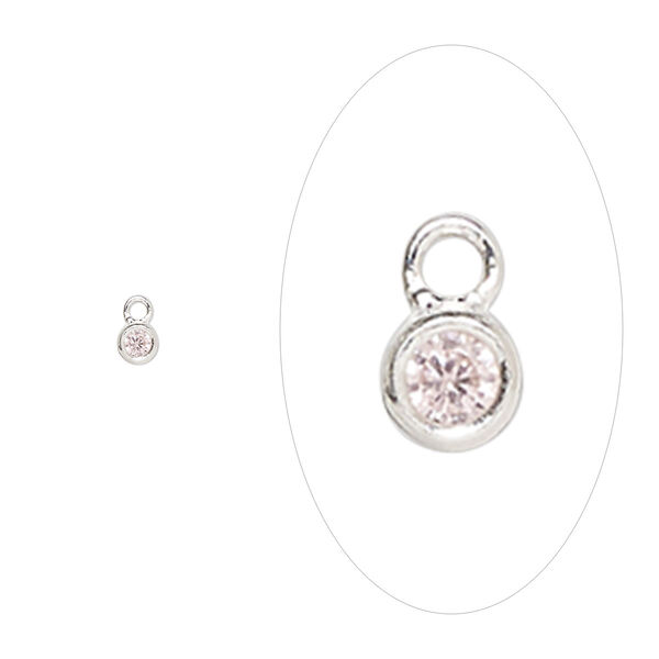 Drop, sterling silver and cubic zirconia, October pink tourmaline, 2.5mm single-sided birthstone round. Sold per pkg of 2. image number 0