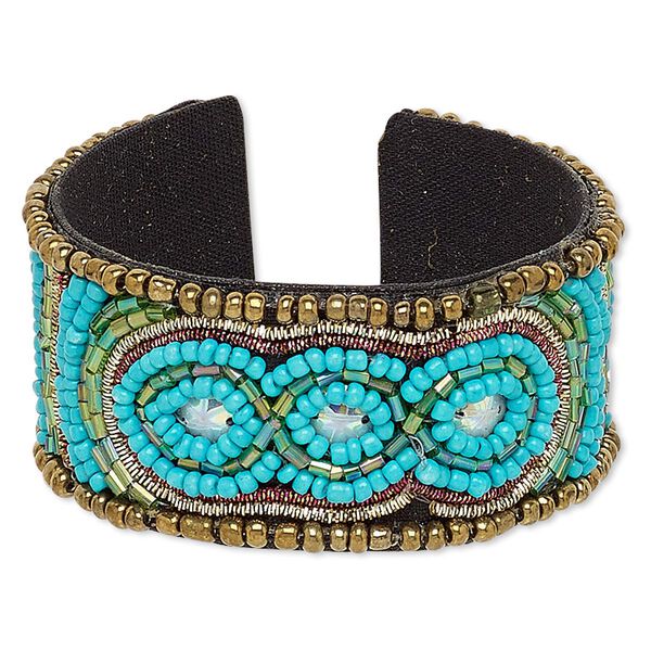 Bracelet, cuff, acrylic / cotton / glass / plastic sequin / steel, iridescent multicolored, 31mm wide with oval and line stripe design, adjustable from 6-7 inches. Sold individually. image number 0