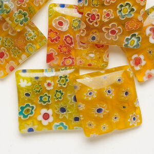 Millefiori glass 1pkg2oz, puffed square bead translucent multicolored 17-18mm
