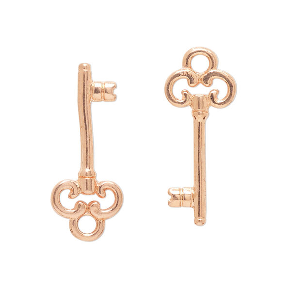 Charm, "pewter" (zinc-based alloy), pkg/2, rose gold finish, 27x11mm double-sided key. image number 0