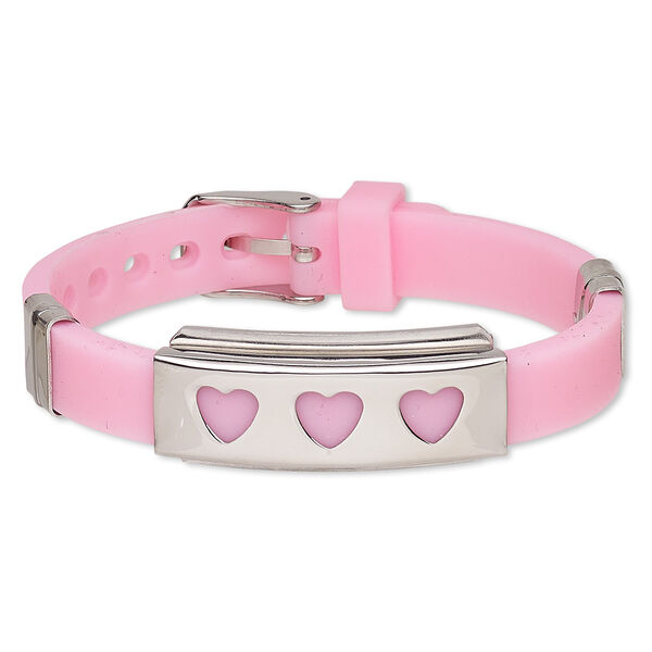Bracelet, Softique™, silicone and stainless steel, pink, 16mm wide with 39x16mm rectangle and heart cutouts, adjustable from 5-1/2 to 7-1/2 inches with buckle-style closure. Sold individually. image number 0