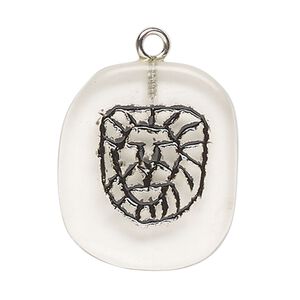 Focal, glass / enamel / silver-finished steel, clear and black, 29x24mm-36x30mm puffed freeform with lion head. Sold individually.