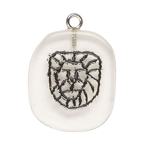Focal, glass / enamel / silver-finished steel, clear and black, 29x24mm-36x30mm puffed freeform with lion head. Sold individually. image number 0