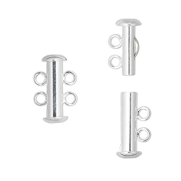 Clasp, 2-strand slide lock, silver-plated brass, 16x6mm tube. Sold per pkg of 100. image number 0
