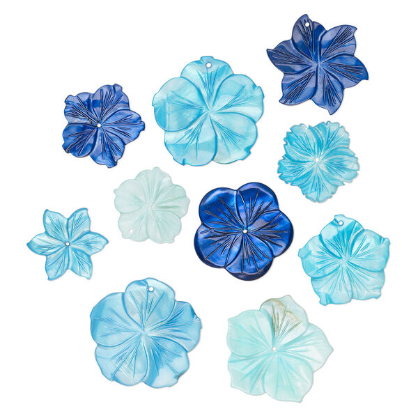 Focal and component mix, mother-of-pearl shell (dyed), multi-blue, 24-35mm hand-carved flower, Mohs hardness 3-1/2. Sold per pkg of 10. image number 0