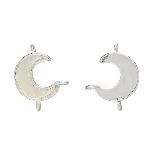 Link 1pkg2 brass / mother-of-pearl shell / glass rhinestone, 14x12mm moon, bleached silver finish / white / clear image number 0