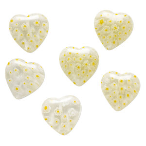 Bead, millefiori glass 1pkg6, translucent clear / yellow / white, 24x23mm-25x25mm puffed heart.