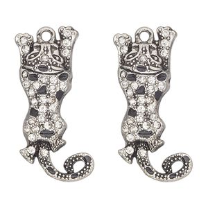 Charm, antique silver-finished "pewter" (zinc-based alloy), enamel and glass, clear and black, 29x16mm single-sided jaguar. Sold per pkg of 2.