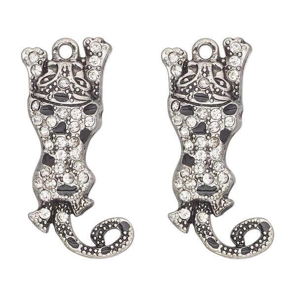 Charm, antique silver-finished "pewter" (zinc-based alloy), enamel and glass, clear and black, 29x16mm single-sided jaguar. Sold per pkg of 2. image number 0