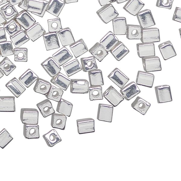 Seed bead, Miyuki, glass, pkg/4g, 3.5-3.7mm square, opaque silver-plated, (SB-961). image number 0