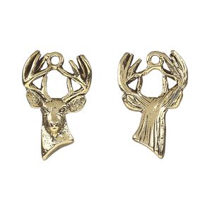 Charm, antique gold-plated pewter (tin-based alloy), 22x14.5mm two-sided deer head. Sold per pkg of 2.
