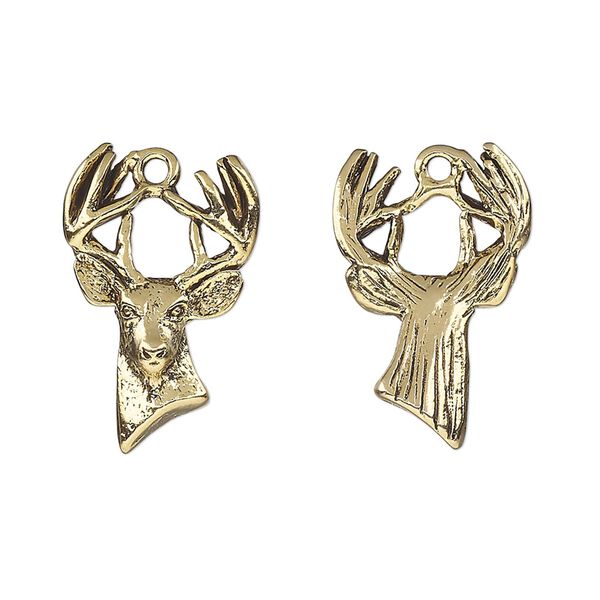 Charm, antique gold-plated pewter (tin-based alloy), 22x14.5mm two-sided deer head. Sold per pkg of 2. image number 0