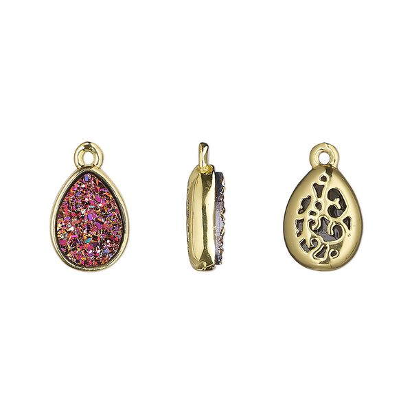 Drop, Druzylite™, "druzy" (resin) and gold-finished brass, metallic purple, 11.5x8.5mm two-sided teardrop with open filigree back. Sold per pkg of 4. image number 0