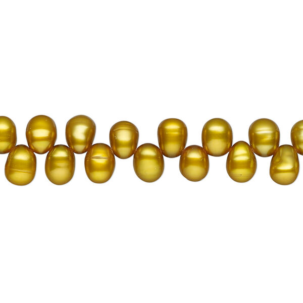 Pearl, cultured freshwater (dyed), dark gold olive, 4-6mm top-drilled rice, C grade, Mohs hardness 2-1/2 to 4. Sold per 15-inch strand. image number 0