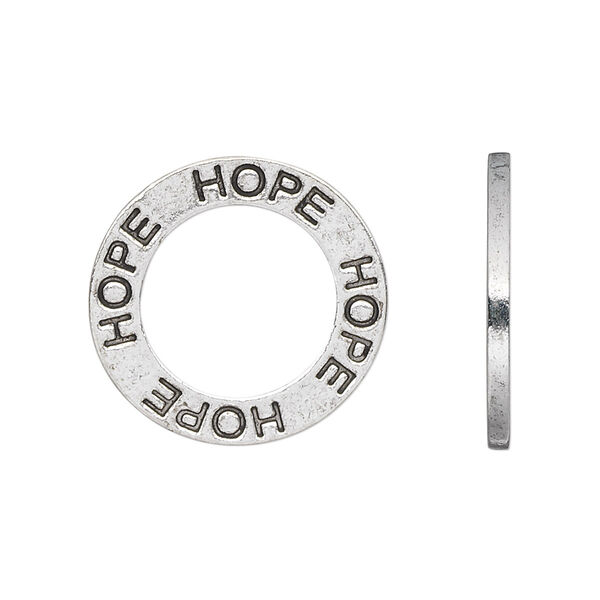 Charm, antique silver-plated pewter (tin-based alloy), 22mm double-sided open round with "HOPE." Sold per pkg of 2. image number 0