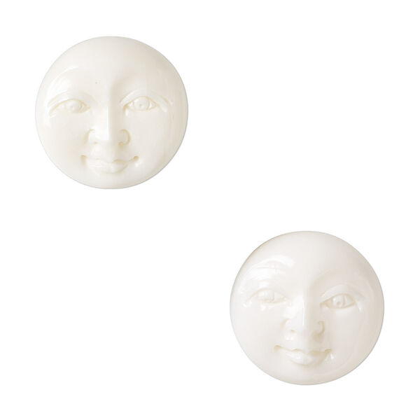 Embellishment, bone (bleached), white, 15-17mm hand-carved single-sided undrilled moon face, Mohs hardness 2-1/2. Sold per pkg of 2. image number 0