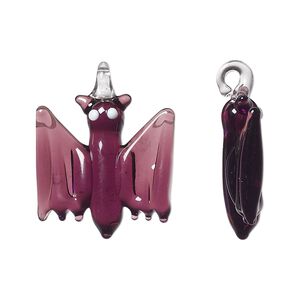 Drop, lampworked glass, purple and white, 20x19mm 3D bat. Sold individually.