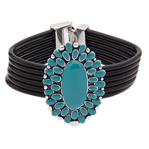 Bracelet, 6-strand, vinyl / enamel / antique silver-plated "pewter" (zinc-based alloy), turquoise blue, 47x33mm oval, 7-1/2 inches with buckle-style closure. Sold individually.