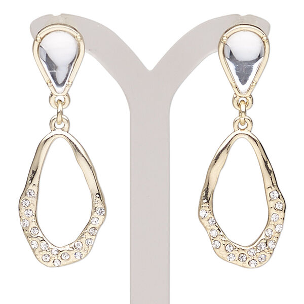 Earring, resin / glass rhinestone / gold-finished steel / "pewter" (zinc-based alloy), clear, 1-1/2 inches with freeform and post. Sold per pair. image number 0