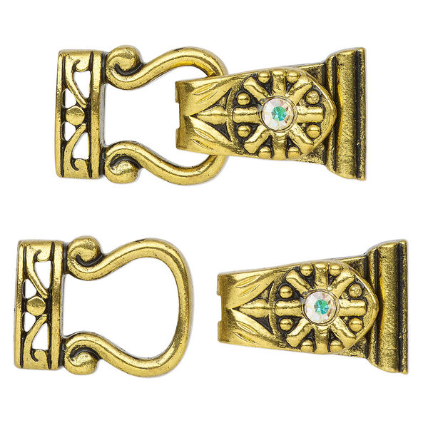 Clasp, magnetic, gold-finished "pewter" (zinc-based alloy) and glass, clear AB, 29x13mm 2-strand fold-over. Sold per pkg of 2. image number 0