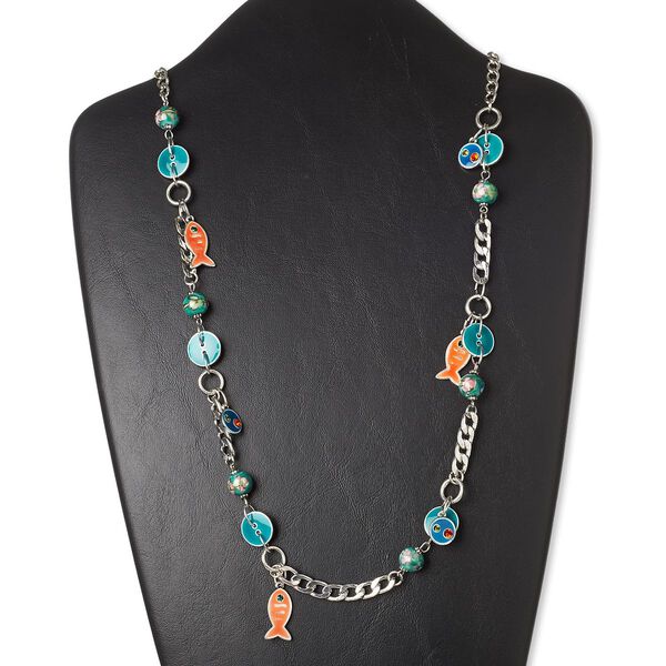 Necklace, enamel / glass rhinestone / silver-coated plastic / antiqued silver-finished brass / "pewter" (zinc-based alloy) / steel, multicolored, fish, 31 inches with 3-inch extender chain and lobster claw clasp. Sold individually. image number 0
