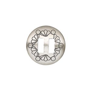 Slide, antiqued sterling silver, 19mm single-sided round Concho with fancy design and 6.5mm bar, 6.5x2.5mm hole. Sold individually.