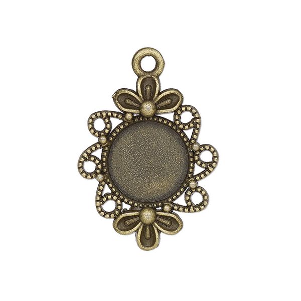 Drop, glue-in, antique brass-finished "pewter" (zinc-based alloy), 26x21mm single-sided flower with 12mm round setting. Sold per pkg of 2. image number 0