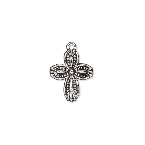 Drop, antique silver-plated "pewter" (zinc-based alloy), 16x13mm double-sided cross. Sold per pkg of 10. image number 0