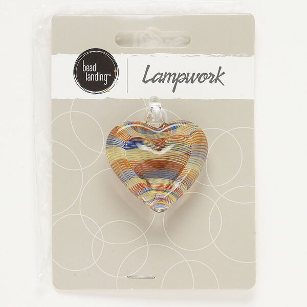 Focal, lampworked glass, multicolored, 40x35mm heart with line designs. Sold individually. image number 0