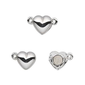 Clasp magnetic 1pkg1 rhodium-plated pewter (tin alloy), 10mm heart, 1-strand