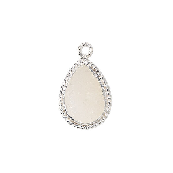 Drop, druzy agate (natural) and sterling silver, 18x14mm-20x15mm hand-cut single-sided teardrop with twisted wire design. Sold individually. image number 0