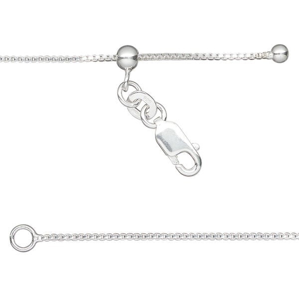 Chain 1pkg1, Gossamer™, sterling silver and silicone, 0.9mm box, 16 to 24 inches with lobster claw clasp and 4mm adjustable slider bead. image number 0