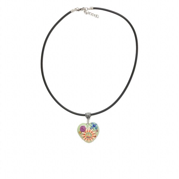 Necklace, polymer clay / rubber / glass rhinestone / imitation rhodium-finished brass / steel, multicolored, 33x31mm single-sided heart with sun / flower / swirl design, 16 inches with 2-inch extender chain and lobster claw clasp. Sold individually. image number 0