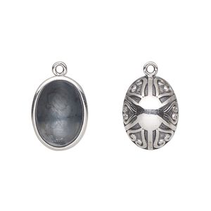 Drop, Almost Instant Jewelry®, antiqued sterling silver, 16x11.5mm oval with 14x10mm oval setting and filigree sunburst design. Sold individually.