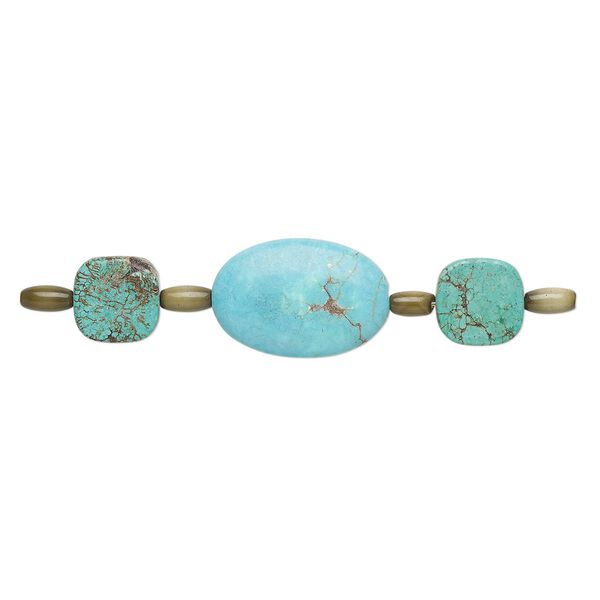 Bead mix, "turquoise" (imitation) resin and cat's eye glass, teal green / blue green / camo green, 8x5mm-9x6mm barrel / 15x15mm-16x16mm flat rounded square / 30x20mm puffed oval. Sold per pkg of 7. image number 0