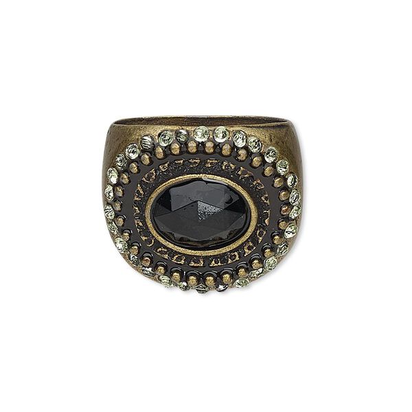 Ring, acrylic / glass rhinestone / antiqued brass-finished "pewter" (zinc-based alloy), green and black, 19mm wide with 10x8mm faceted oval, size 8. Sold individually. image number 0