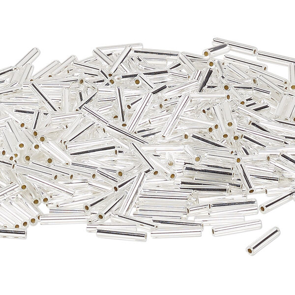Bead, Miyuki, bugle bead, glass, pkg/50 g, 12x2.4mm center-drilled, silver-lined translucent crystal clear, silver, (RBU-0001). image number 0