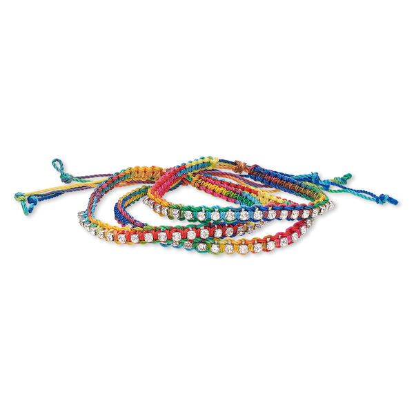 Bracelet, glass rhinestone / nylon / silver-plated brass, multicolored, 6mm wide with cupchain, adjustable from 7 to 8-1/2 inches with knot closure. Sold per pkg of 3. image number 0