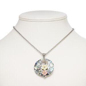 Necklace, resin / abalone shell / freshwater pearl shell (dyed / assembled) / glass rhinestone / imitation rhodium-plated brass, multicolored, 40mm round go-go with flowers, 18 inches with 2-inch extender chain and lobster claw clasp. Sold individually.